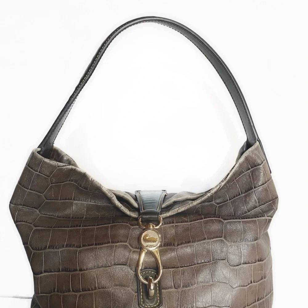 Vtg Authentic Dooney & Bourke Croc Embossed Leather Shoulder Bag Dark Brown
